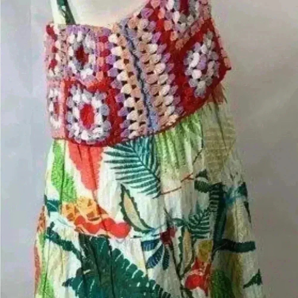 Farm Rio x Anthropologie Crochet Tropical Mini Dress S Pockets - Picture 7 of 11